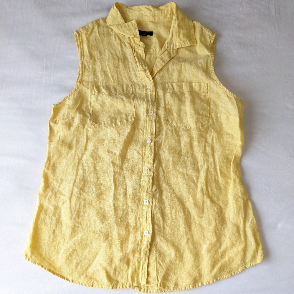 Talbots Sleeveless Linen Button Down Shirt Pockets Yellow MP